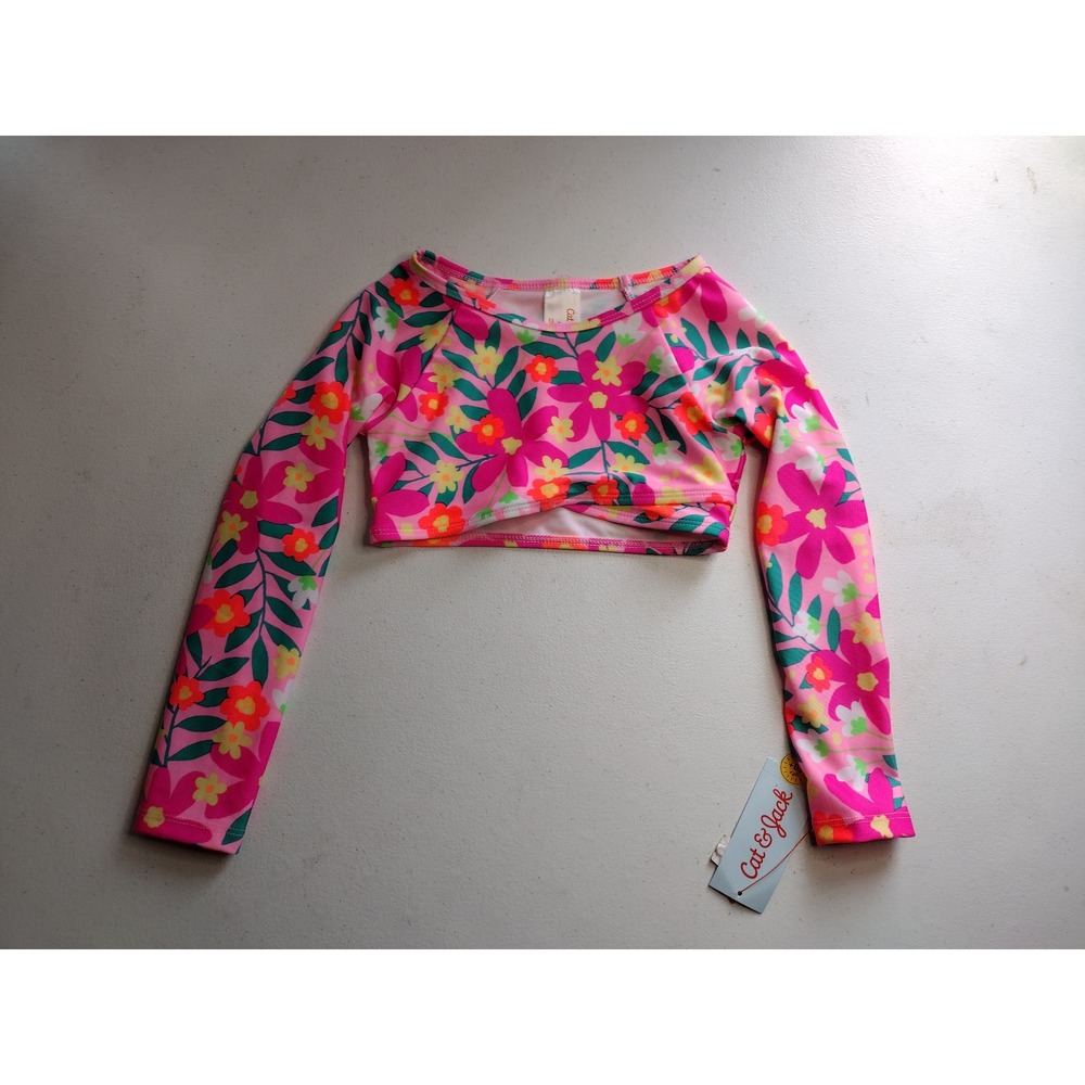 Cat & Jack Girls XS 4/5 Floral Long Sleeve Rash Guard Swim Top Pink Twist Front